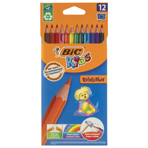 Карандаши цветные BIC "Kids ECOlutions Evolution", 12 ЦВЕТОВ, пластиковые, европодвес, 82902914