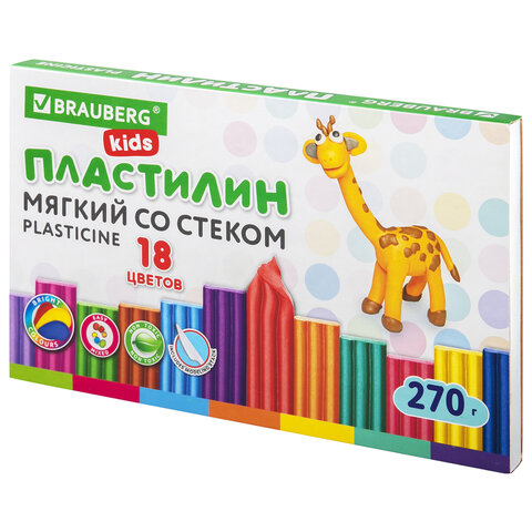 Пластилин мягкий восковой BRAUBERG KIDS, 18 цветов, 270 г, со стеком, 106497