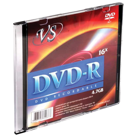 Диск DVD-R VS, 4,7 Gb, 16x, Slim Case, VSDVDRSL01