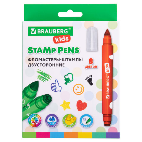 Фломастеры-штампы двусторонние "FUNNY STAMPS", 8 цветов, BRAUBERG KIDS, картонная коробка с европодвесом, 152179