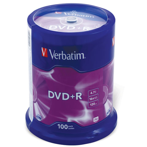 Диски DVD+R (плюс) VERBATIM 4,7 Gb 16x, КОМПЛЕКТ 100 шт., Cake Box, 43551