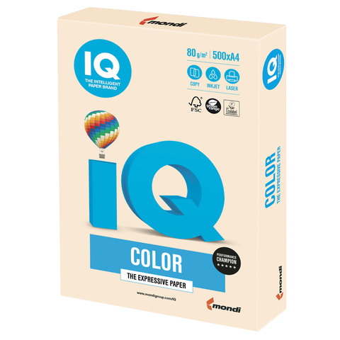 Бумага цветная IQ color, А4, 80 г/м2, 500 л., пастель, кремовая, CR20